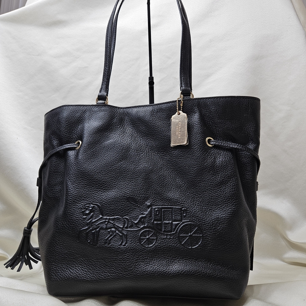Coach Black Leather Tote with Embossed Carriage